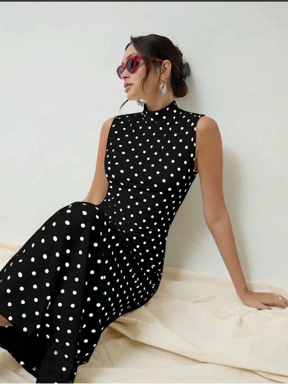 Black Polka Dot Sleeveless Maxi Dress with High Neck